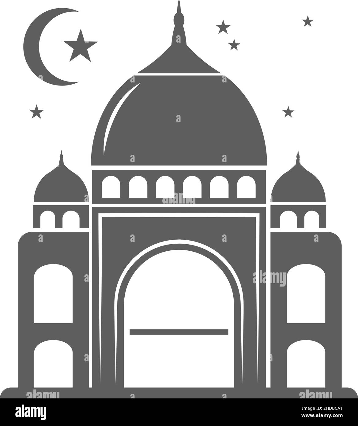 Icona notte orientale. Luna sopra la silhouette della città islamica Illustrazione Vettoriale