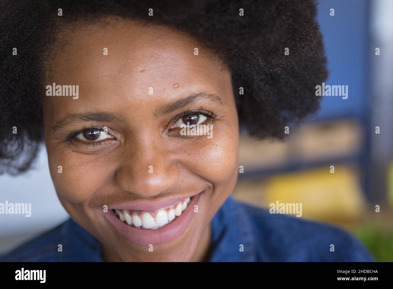 Ritratto closeup di allegra donna afroamericana con capelli afro a casa Foto Stock