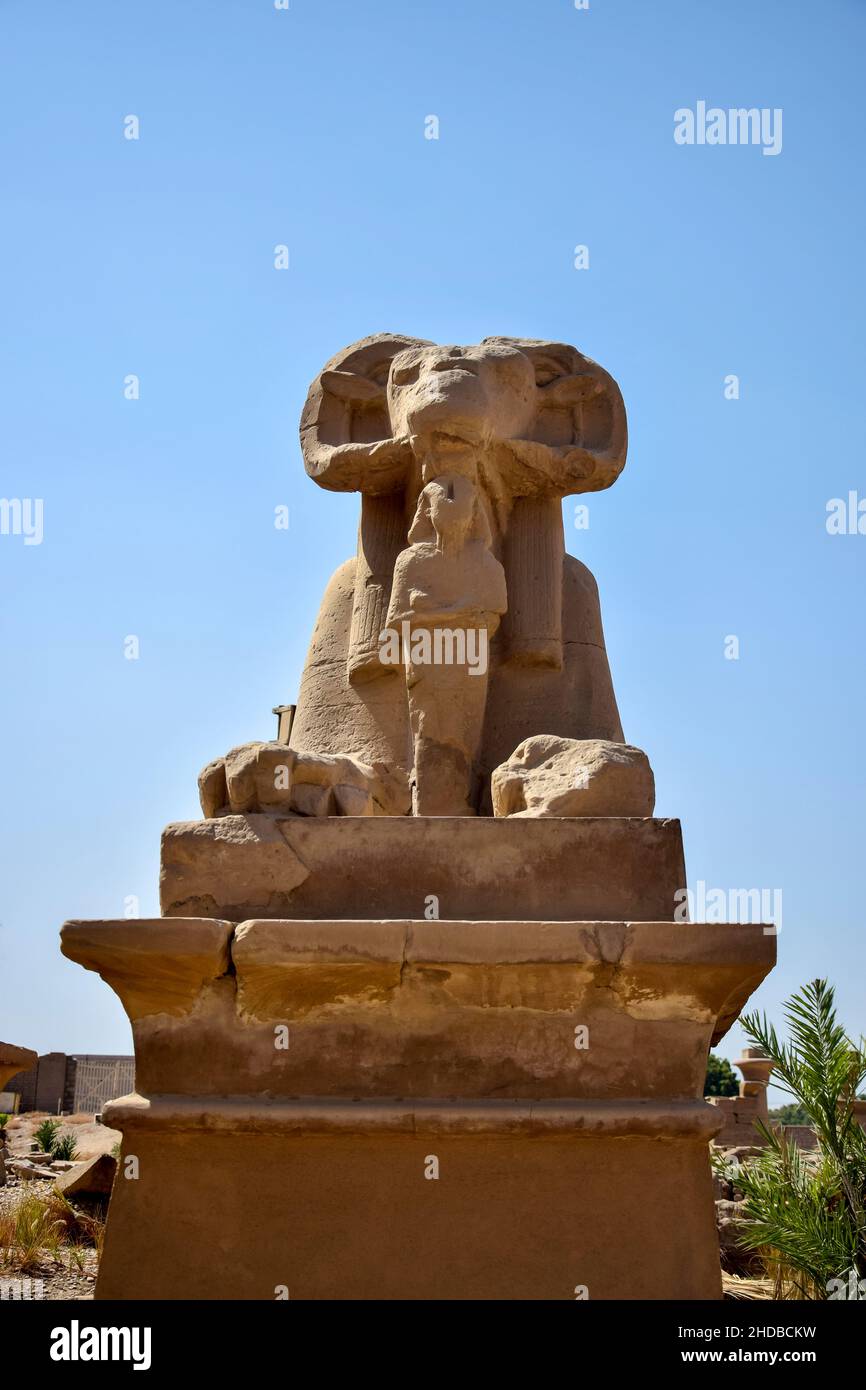 Sfinge con testa di pecora di vicolo piccolo di fronte al Tempio di Karnak contro il cielo limpido. Vista dal basso. Famoso punto di riferimento egiziano con geroglifici e decaduto t Foto Stock
