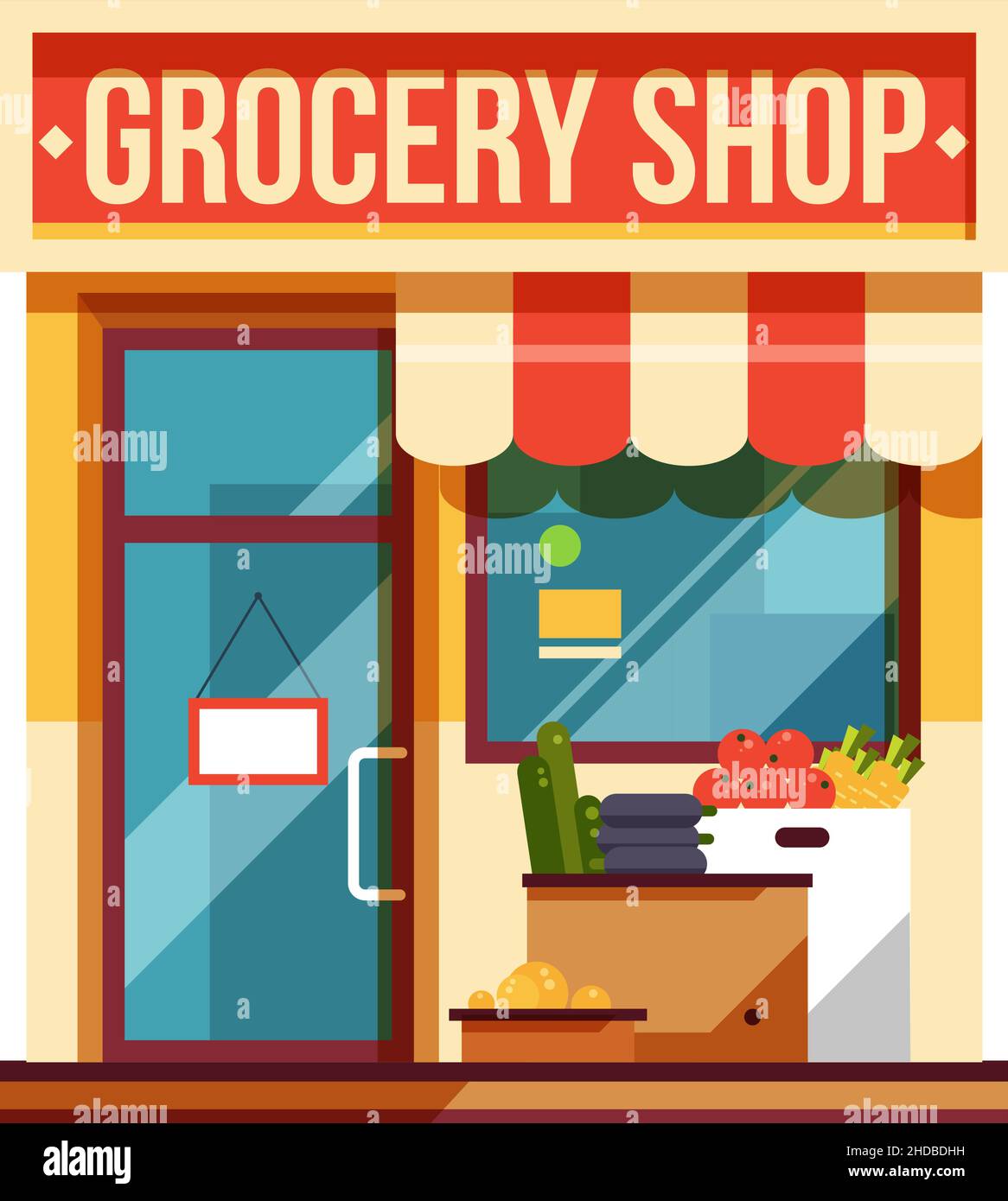 Negozio di alimentari di fronte. Facciata di negozi di strada urbani Illustrazione Vettoriale