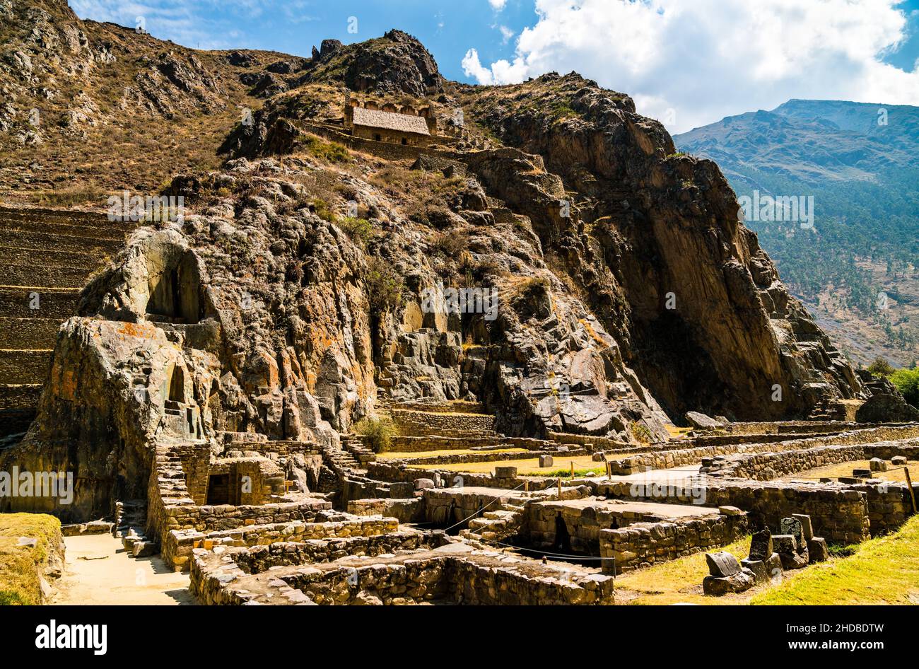 Rovine Inca a Ollantaytambo in Perù Foto Stock