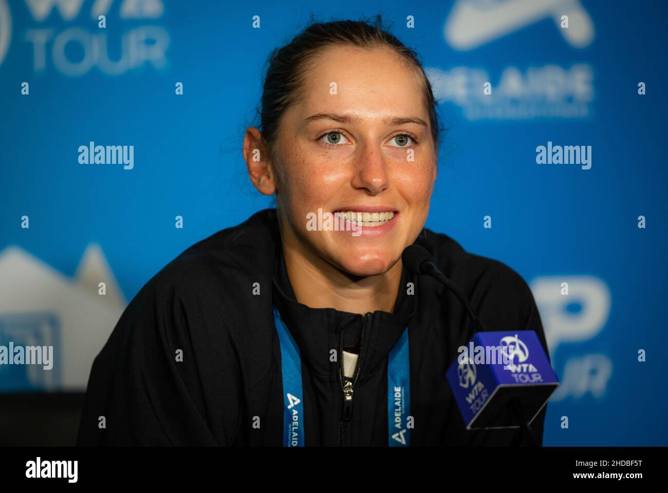 Adelaide, Australia,04/01/2022, Kaja Juvan di Slovenia parla ai media dopo il secondo round al torneo di tennis 2022 di Adelaide International WTA 500 il 5 gennaio 2022 al Memorial Drive Tennis Center di Adelaide, Australia - Foto: Rob Prange/DPPI/LiveMedia Foto Stock