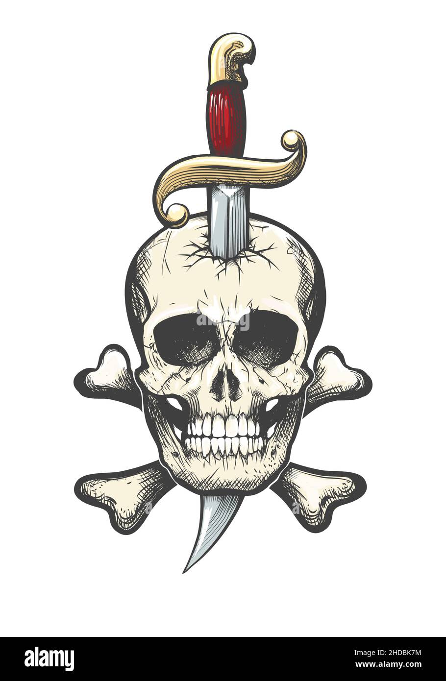 Tatuaggio del cranio umano trafitto da coltello isolato su bianco. Illustrazione vettoriale. Illustrazione Vettoriale