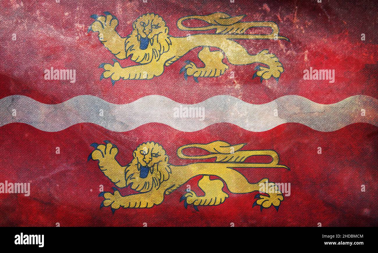 Vista dall'alto della retrocflag Seine Maritime, Francia con grana grunge. Viaggio francese e patriota concetto. Nessun flagpole. Progettazione di piani, layout. Bandiera backgroun Foto Stock
