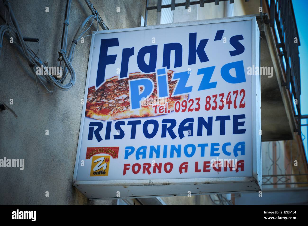 Werbung Pizzeria, Frank’s Pizza, Erice, Sizilien, Italien Foto Stock
