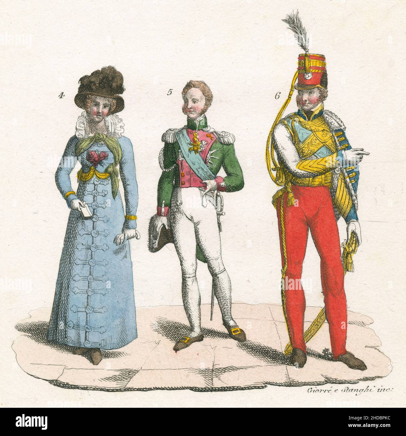 Incisione antica c1830 tinta a mano, moda della corte francese circa 1820. Da l a r, (4) Duchessa di Berry, (5) Duca di Angoulême, e (6) Duca di Orleans. Pubblicato da Giulio Ferrario. FONTE: INCISIONE ORIGINALE Foto Stock