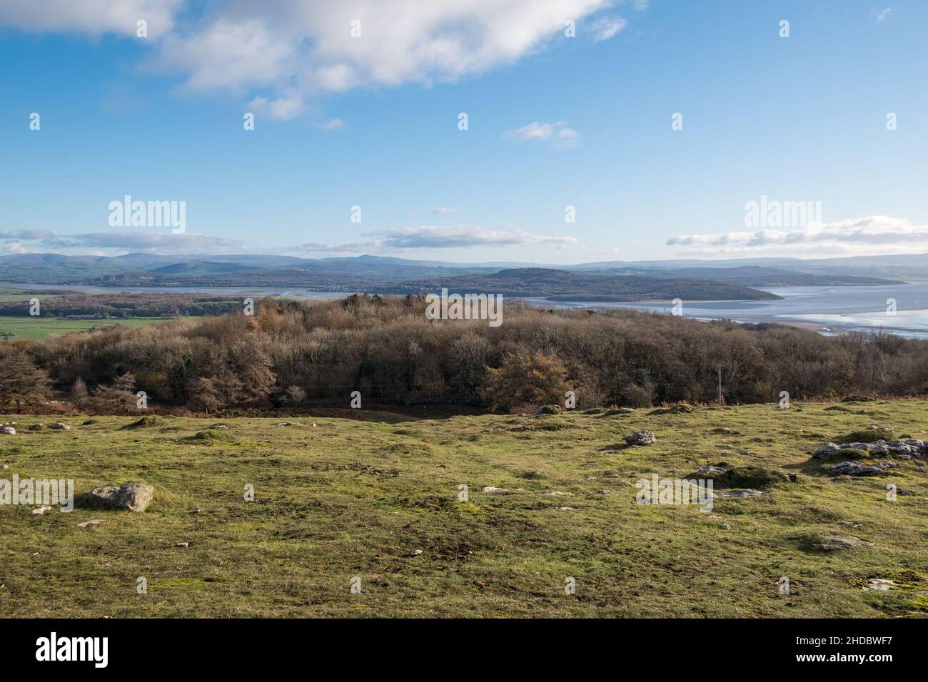 Campagna aperta sopra Grange-over-Sands nel Lake District meridionale, Cumbria Foto Stock