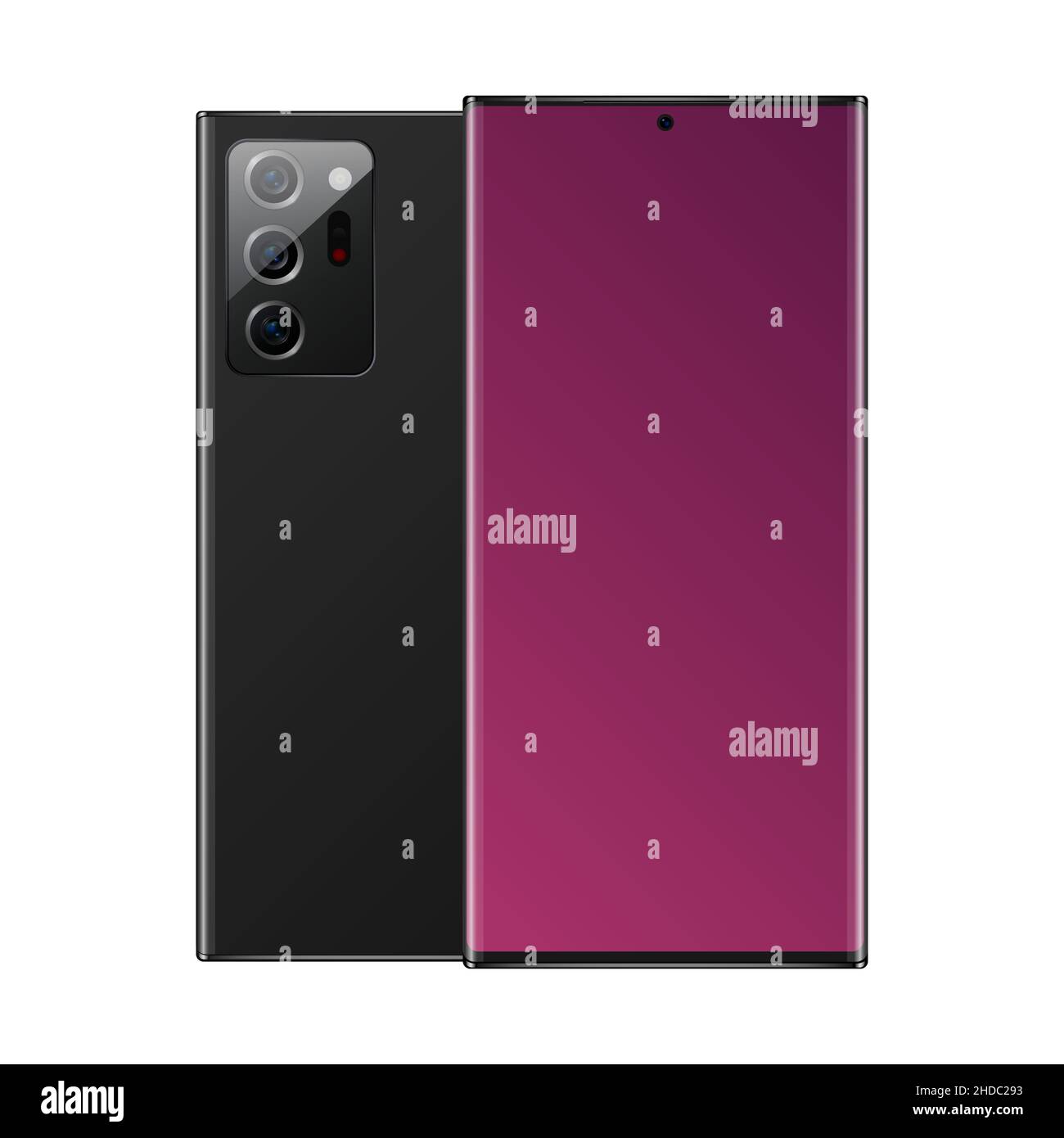 Modello del nuovo modello di telefono rosa isolato 3D. Mockup Ultra Note realistico per smartphone. Vista anteriore e posteriore. . Illustrazione vettoriale Illustrazione Vettoriale