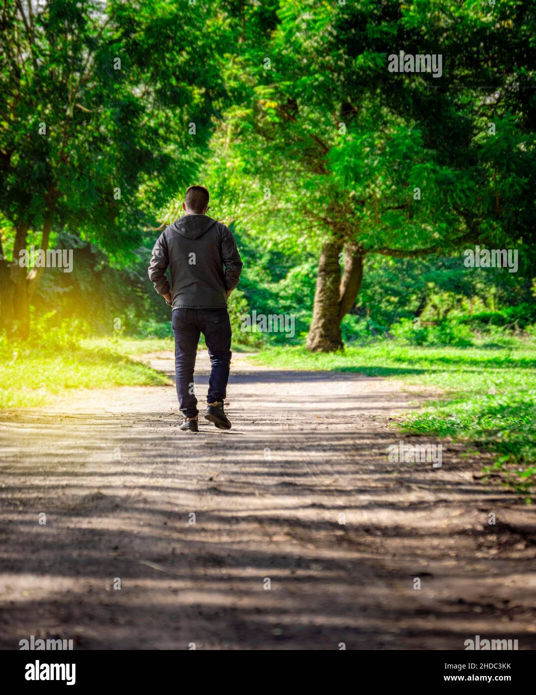 Uomo che cammina lungo una strada desolata, uomo che cammina indietro su una strada circondata da vegetazione Foto Stock
