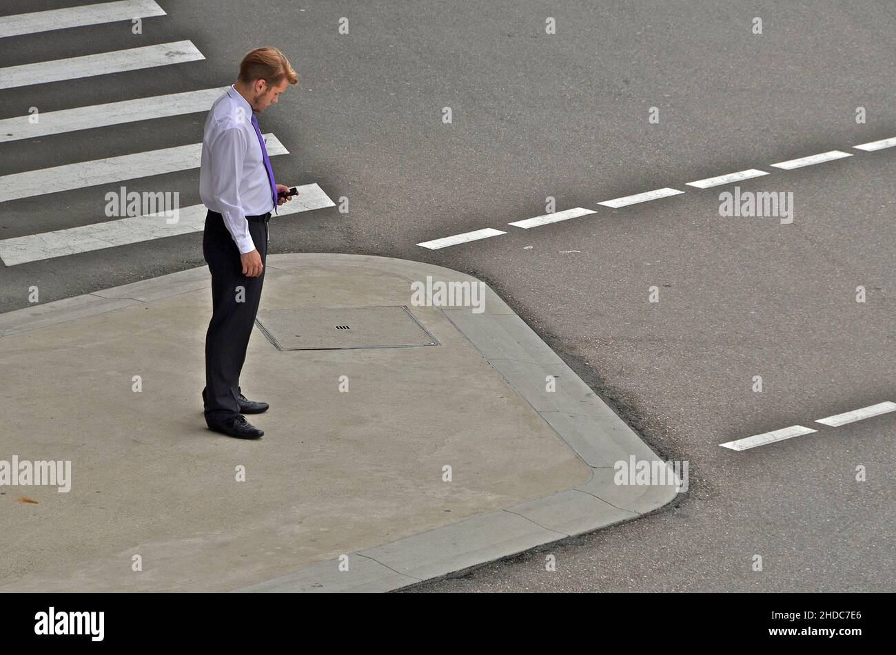 L'uomo d'ufficio si alza a zebra attraversare e guarda il suo telefono cellulare Foto Stock