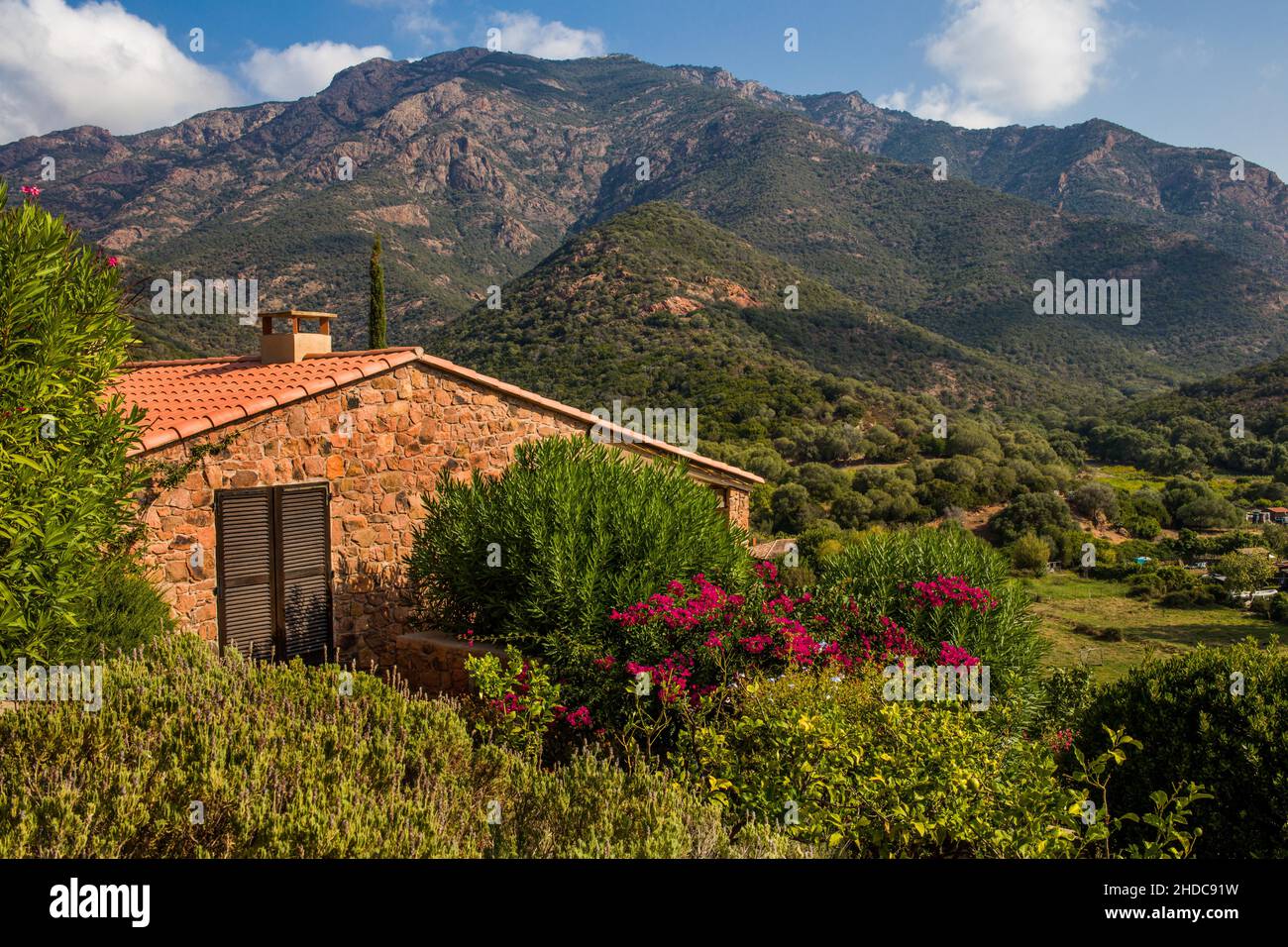Villaggio di Girolata con case a scala nella riserva naturale di Scandola, Corsica, Girolata, Corsica, Francia, Europa Foto Stock