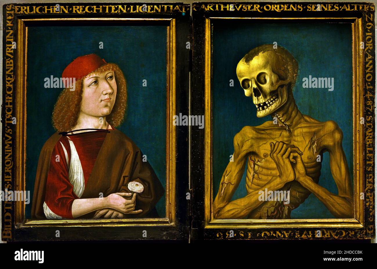 Ritratto di Hieronymus Tscacenburlin e morte -'Hieronymus Tscheckenbürlin e la personificazione della morte', 1487, Maestro Ignoto, tedesco, Germania, Foto Stock