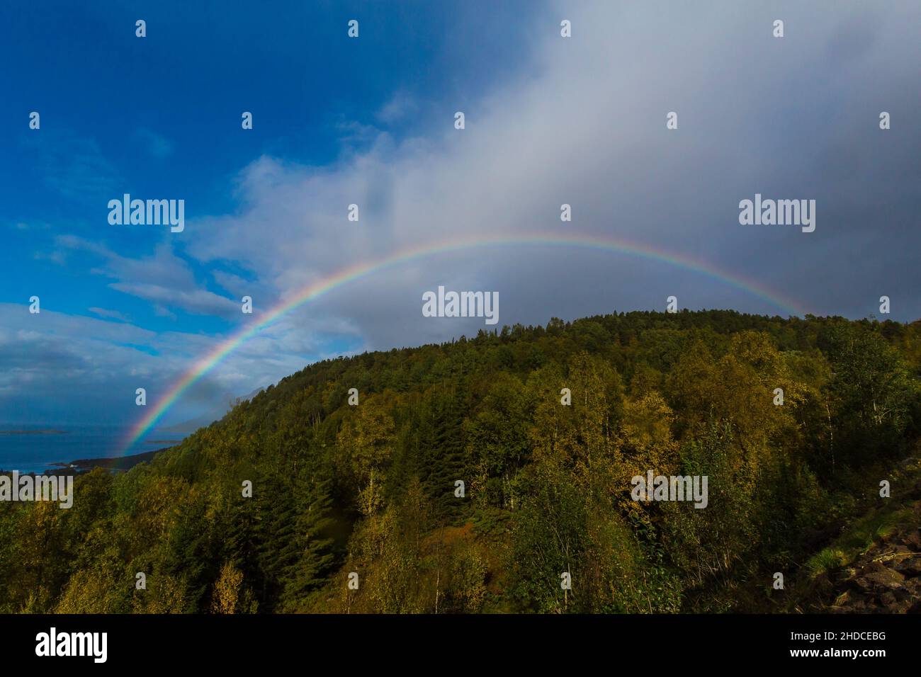 Regenbogen am Vestfjorden / arcobaleno a Vestfjorden Foto Stock