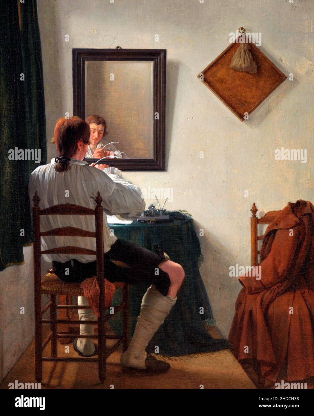 A Writer trimming His Pen dell'artista olandese Jan Ekels The Younger (1759-1793), Oil on Panel, 1784 Foto Stock