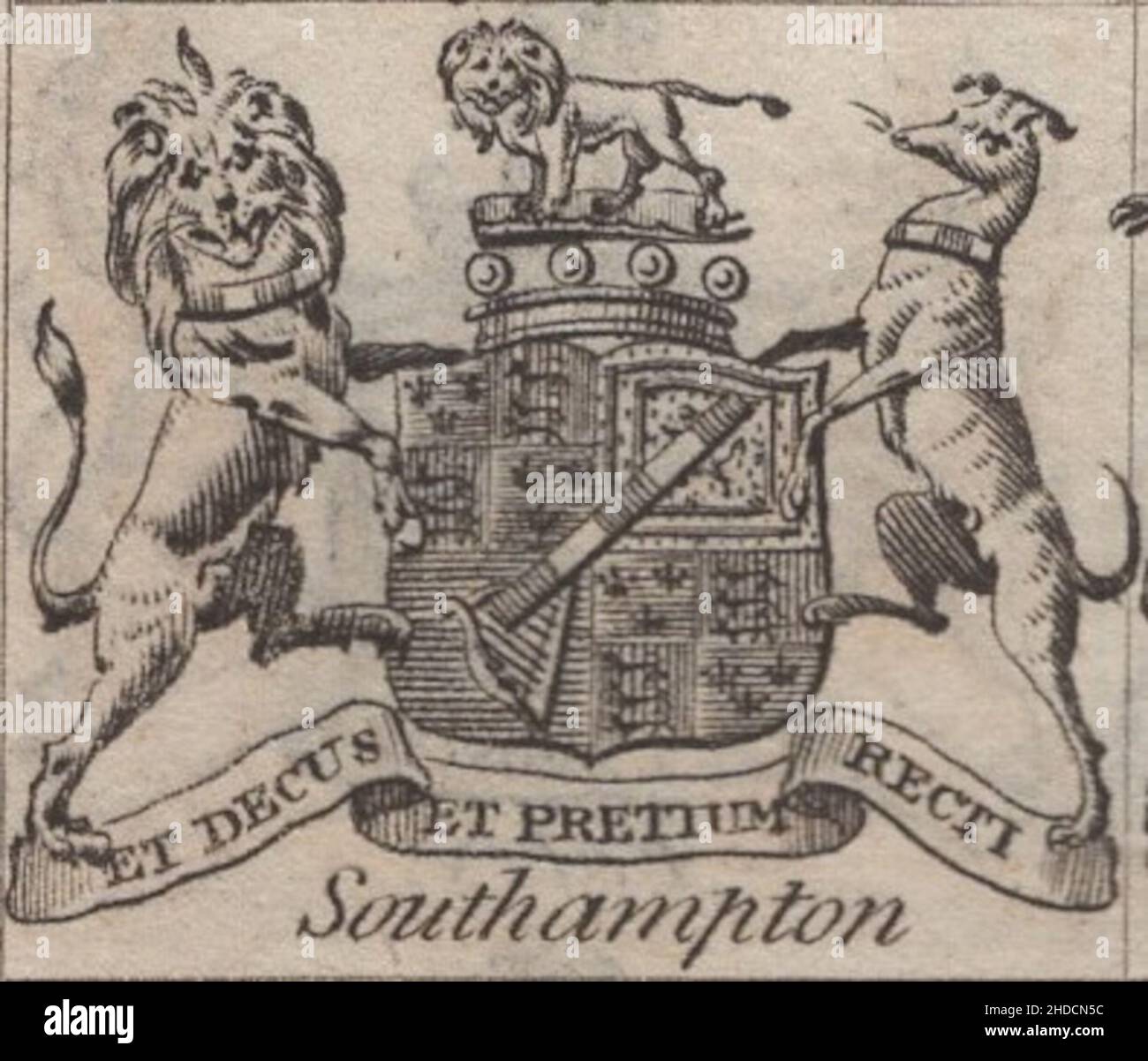 Antica incisione del 18th secolo stemma, cresta, inglese Barone Southampton motto / slogan: Et Decus et pretium recti di Woodman & Mutlow fc russel co co circa 1780s Fonte: Incisione originale del libro annuale di almanach. Foto Stock