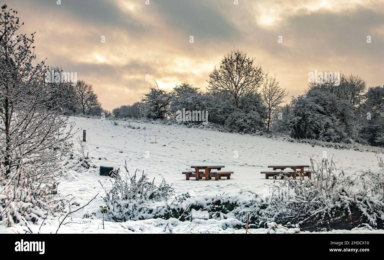 Splendida vista su un parco all'aperto coperto di neve durante la stagione invernale Foto Stock