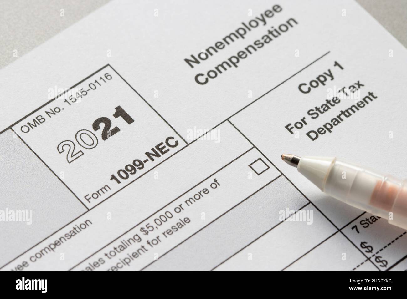 Modulo 1099-NEC, retribuzione non dipendente. L'IRS reintroduce il modulo 1099-NEC come il nuovo modo per segnalare il reddito da lavoro autonomo invece del modulo 1099-MISC. Foto Stock