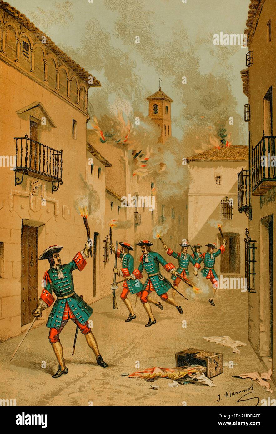 Storia della Spagna. Guerra della successione spagnola. Assedio di Játiva (dal 8 maggio al 6 giugno 1707). Dopo la vittoria delle truppe borboniche di Filippo V, ordinò l'incendio di tutte le case possedute o occupate da coloro che gli erano stati ostili in città, un'azione che fu eseguita dalle truppe francesi d'Asfeld. Distruzione di Játiva. Illustrazione di J. Alaminos. Chromolithography. 'Historia General de España' (Storia Generale della Spagna) di Miguel Morayta. Volume V. Madrid, 1891. Foto Stock