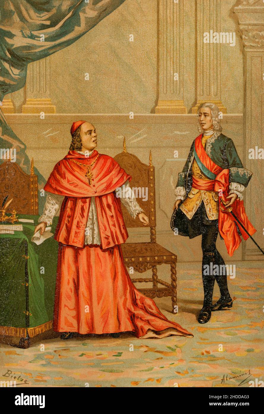 Giulio Alberoni (1664-1752). Diplomatico italiano, statista e cardinale della Chiesa cattolica. Nominato rappresentante ufficiale del Duca di Parma nell'aprile 1713. Fu il consigliere principale del re Filippo V di Spagna. Il 5 dicembre 1719, Filippo V ordinò al suo segretario Miguel Fernandez de Durán, marchese di Tolosa, di notificare ad Alberoni il decreto di dispensazione con i suoi servizi e di ordinazione della sua partenza dalla Spagna entro un massimo di tre settimane. Licenziato dal cardinale Alberoni. Illustrazione di Bielsa e J. Alaminos. Chromolithography. "Historia General de España" (Storia Generale della Spagna), di Migue Foto Stock