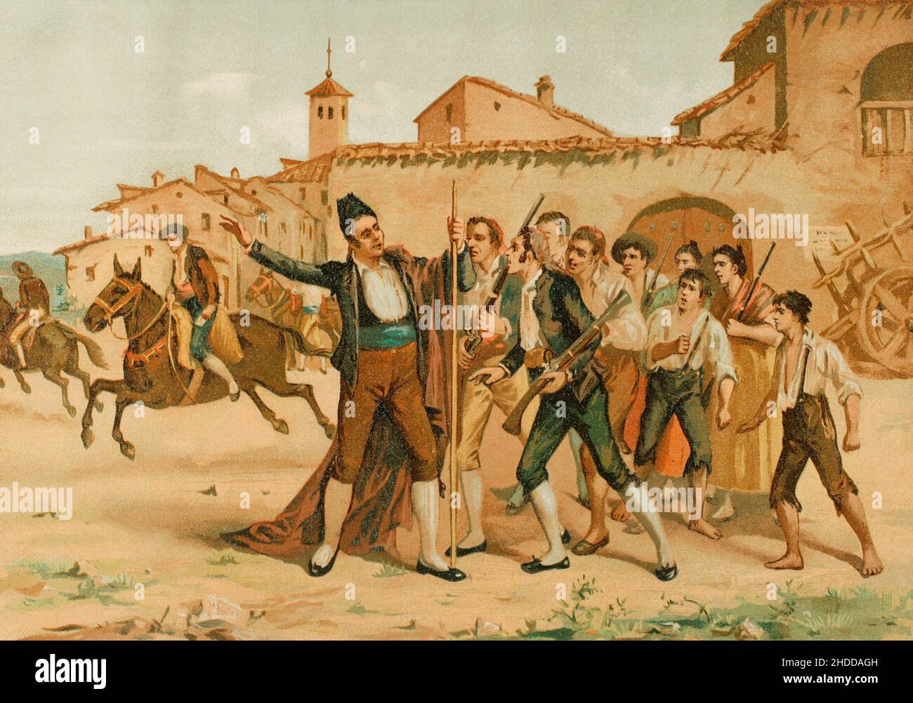 Storia della Spagna. "Il Sindaco di Móstoles dichiara la Patria in pericolo". Il pomeriggio del 2 maggio 1808, i sindaci di Móstoles, Andrés de Torrejón (1736-1812) e Simón Hernández (1743-1818), hanno firmato una dichiarazione che promuove la rivolta contro i francesi. "Editto dei Sindaci di Móstoles". Proclamazione contro l'invasione napoleonica della Penisola Iberica, seguita da un'insurrezione, che ha dato inizio alla Guerra d'Indipendenza Spagnola. Chromolithography. 'Historia General de España' (Storia Generale della Spagna), di Miguel Morayta. Volume VI Madrid, 1892. Foto Stock