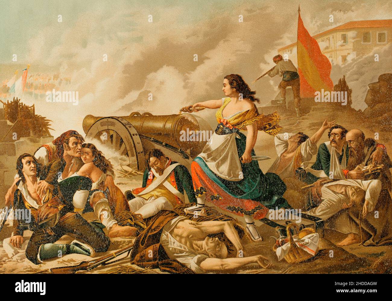 Agustina Zaragoza Doménech (1786-1857). Eroina della Guerra Peninsulare (1808-1814), durante il primo assedio di Saragozza. Conosciuta come Agustina d'Aragona. Combatté contro le truppe francesi nella difesa del bastione di Portillo, a Saragossa. Agustina de Aragón contribuì alla difesa incoraggiando gli artiglieri e portando loro munizioni e cibo. Il caporale al comando della batteria di artiglieria Portillo è stato ferito, così come il resto dei soldati al posto. Quando la batteria fu esposta per essere catturata dai francesi, Agustina sparò usando uno dei cannoni. Alcuni artiller feriti Foto Stock
