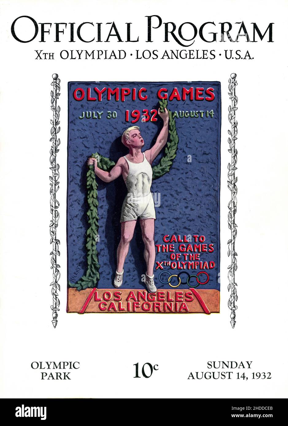 Programma ufficiale per l'ultima giornata delle Olimpiadi del 1932 che si tengono a Los Angeles, California. Foto Stock