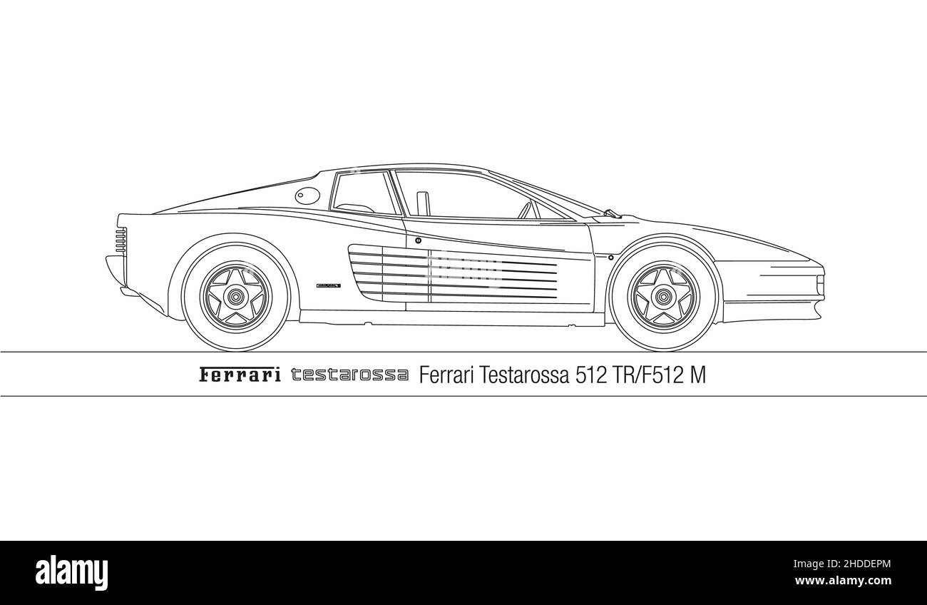 Ferrari Testarossa 512 super auto d'epoca, design italiano, disegno vettoriale Foto Stock