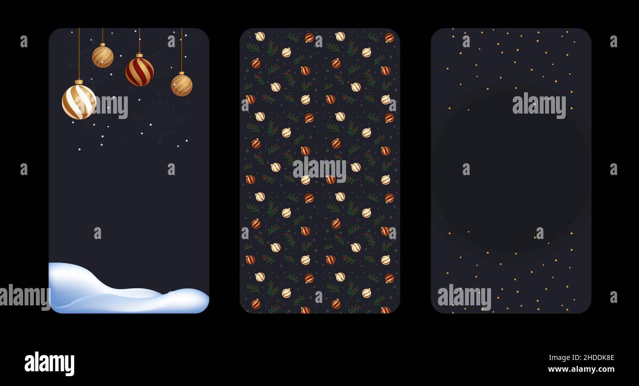 Set di striscioni verticali con giocattoli per alberi di natale. Design del volantino del nuovo anno. Modello pubblicitario. Pacchetto di storie Illustrazione Vettoriale