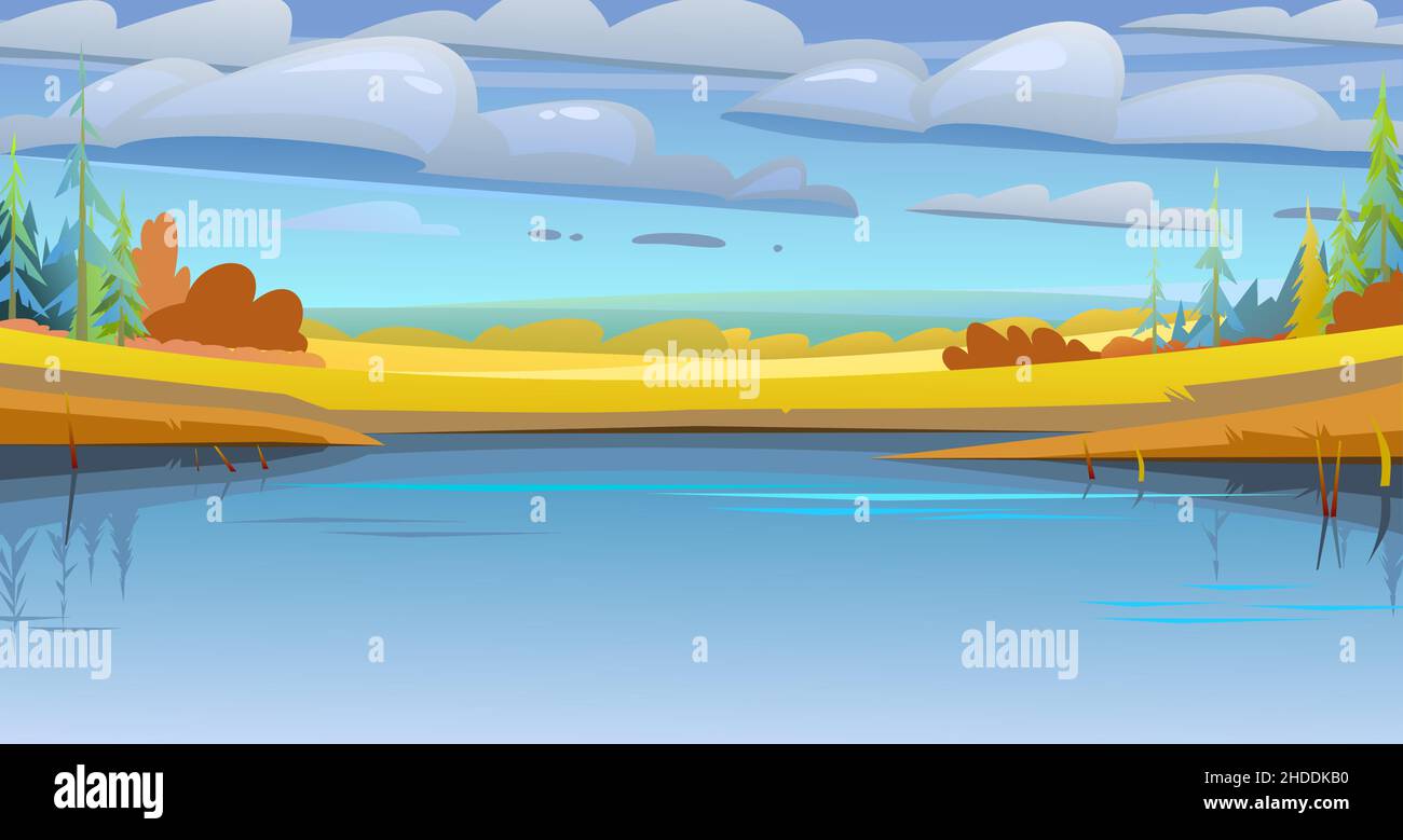 Bellissimo paesaggio rurale autunno. Fauna selvatica rustica. Villaggio è pascolo e orto. Piccolo stagno Harvest periodo dell'anno. Scena gialla e arancione Illustrazione Vettoriale