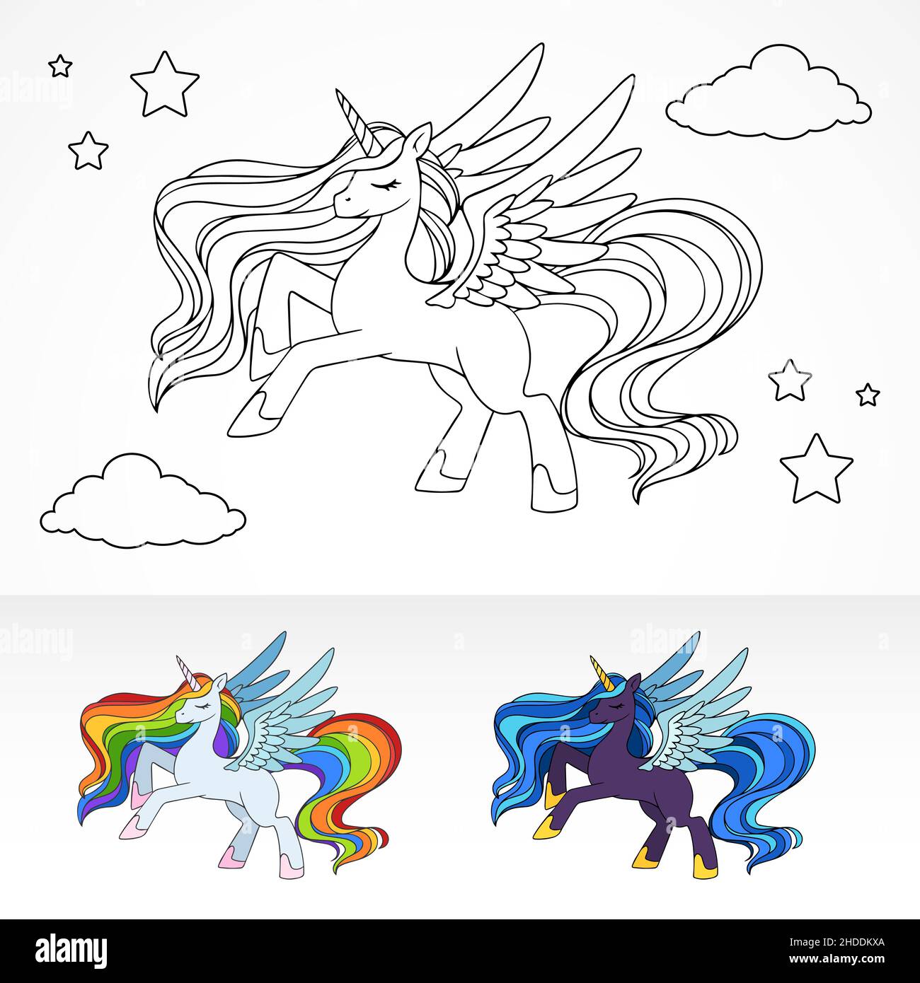 Magical colorbook pegasus unicorn volare sul cielo notturno con esempi di schemi di colorazione Illustrazione Vettoriale