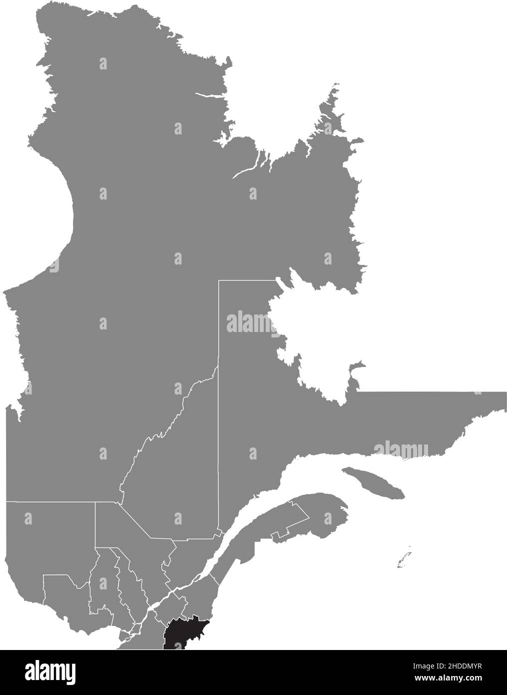 Nero piatto vuoto evidenziato mappa posizione della regione DI ESTRIE all'interno di grigio mappa amministrativa della provincia canadese del Québec, Canada Illustrazione Vettoriale