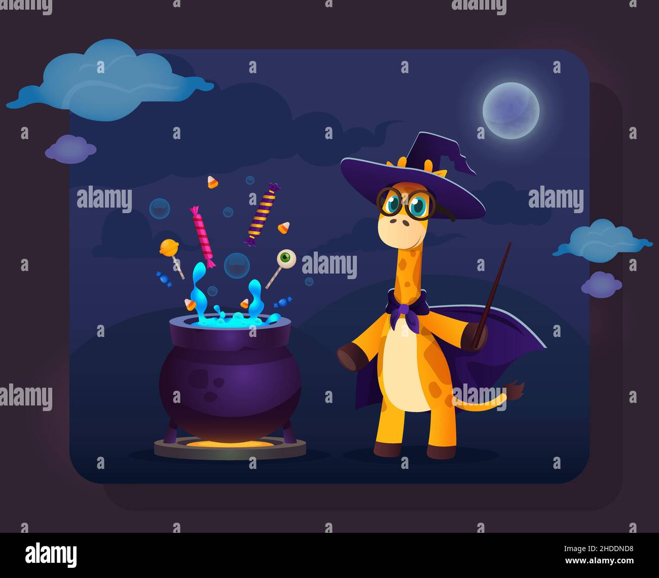 Divertente giraffa di cartoni animati in abiti da strega vicino a un vaso magico con caramelle e bacchetta magica in mano. Illustrazione colorata di Halloween per l'introduzione sul mercato Illustrazione Vettoriale