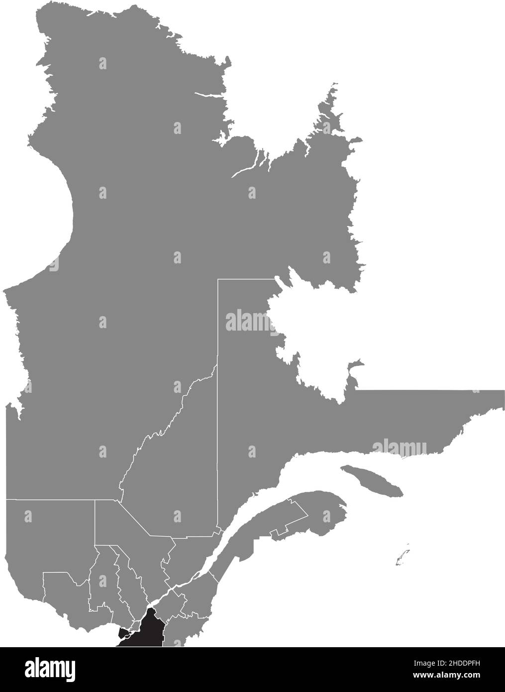 Nero piatto vuoto evidenziato mappa della località della regione MONTEREGIE all'interno di grigio mappa amministrativa della provincia canadese del Québec, Canada Illustrazione Vettoriale