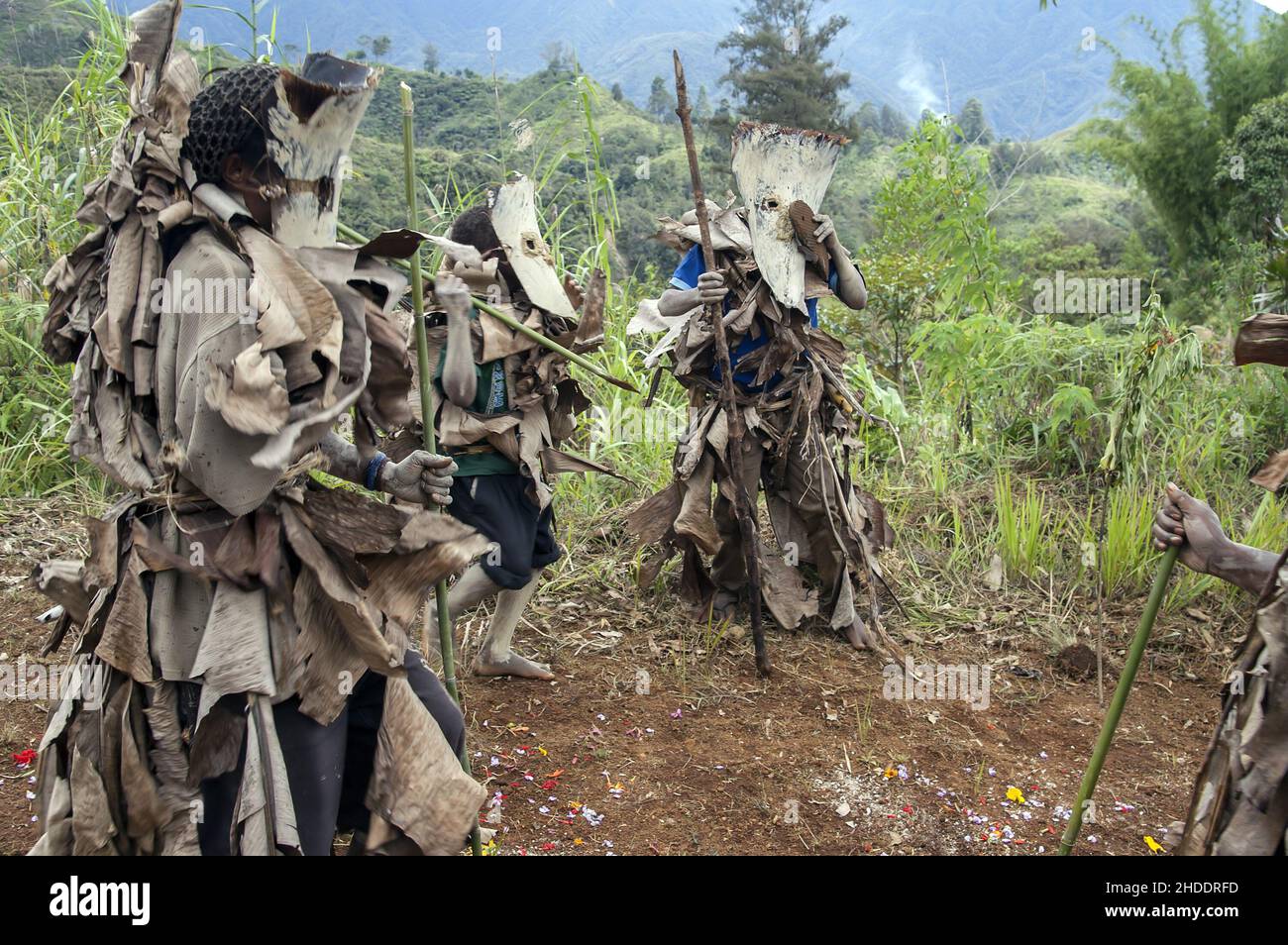 Papua Nuova Guinea; Eastern Highlands; Goroka; Namta; Papuans indossare maschere eseguire una danza rituale. Papuas in Masken vollführen einen rituellen Tanz. Foto Stock