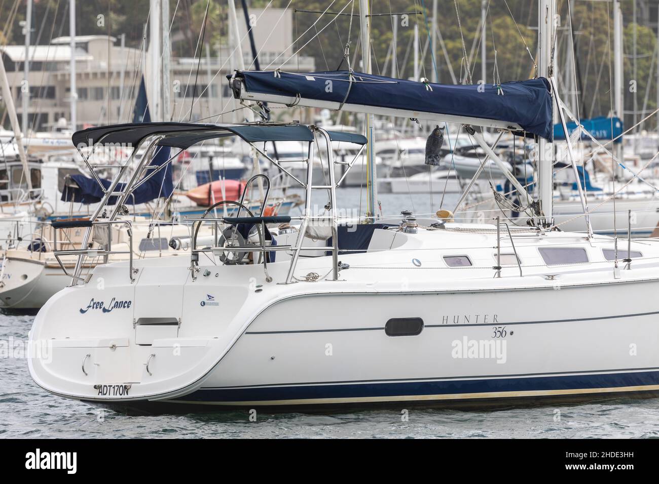 Hunter yacht 356 ormeggiato a Pittwater a Sydney, Australia Foto Stock