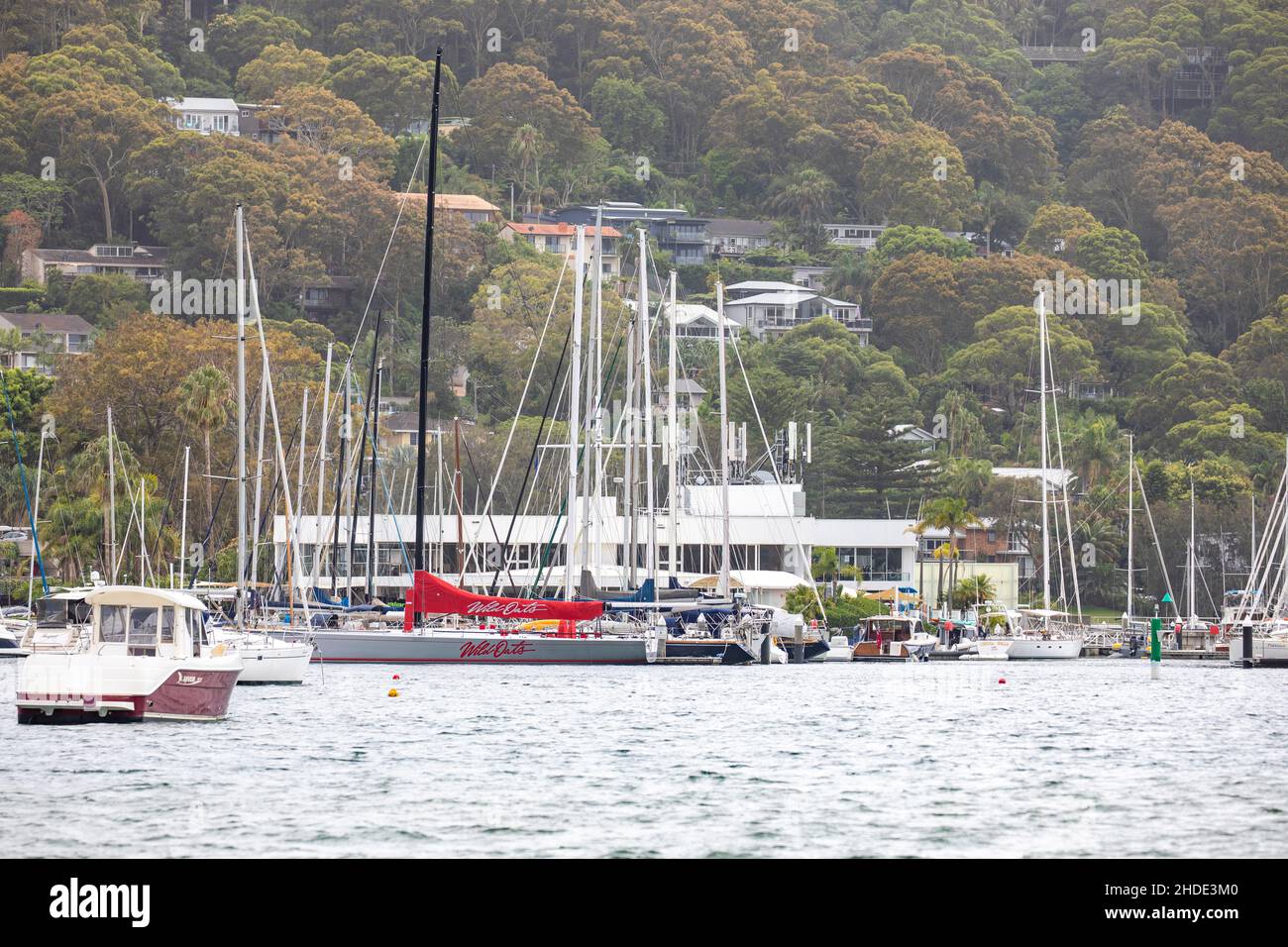 Wild Oats x yacht da corsa presso il Royal Prince alfred yacht club a pittwater, Sydney, NSW, Australia Foto Stock