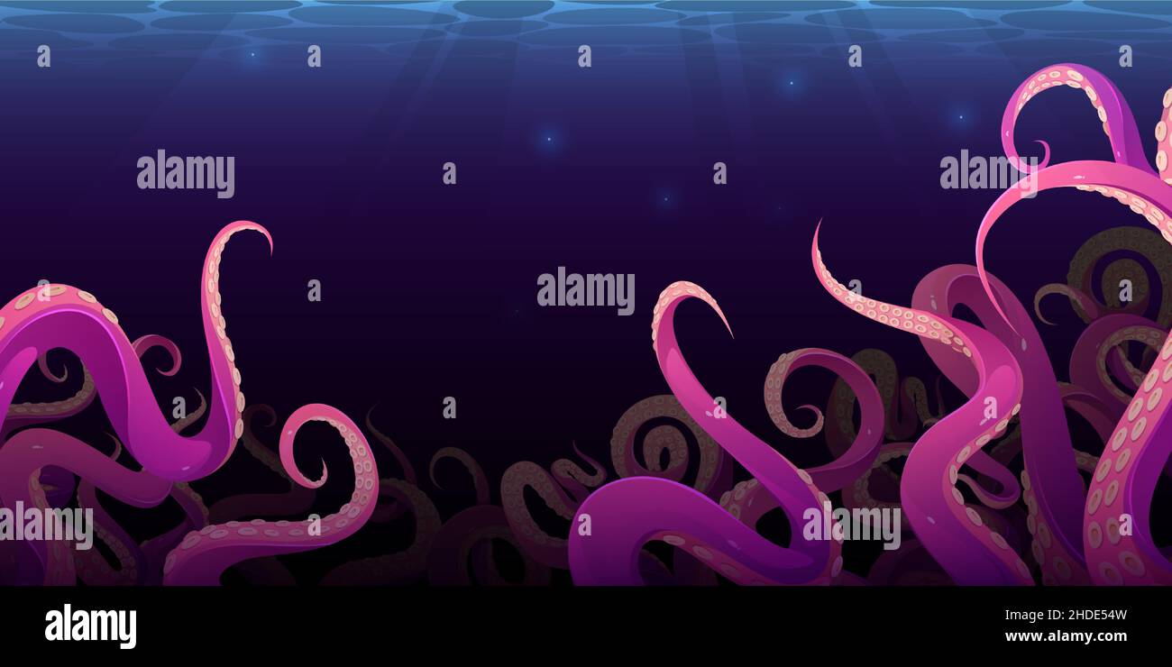 Tentacoli di polpo in acque oceaniche scure, il mostro kraken ondeggiante le mani sul fondo del mare. Fantasy Creepy creatura cefalopodi braccia o gambe. Antenne o tastatori subacquei per animali, illustrazione vettoriale Cartoon Illustrazione Vettoriale Tentacoli di polpo in acque oceaniche scure, il mostro kraken ondeggiante le mani sul fondo del mare. Fantasy Creepy creatura cefalopodi braccia o gambe. Antenne o tastatori subacquei per animali, illustrazione vettoriale Cartoon Illustrazione Vettoriale
