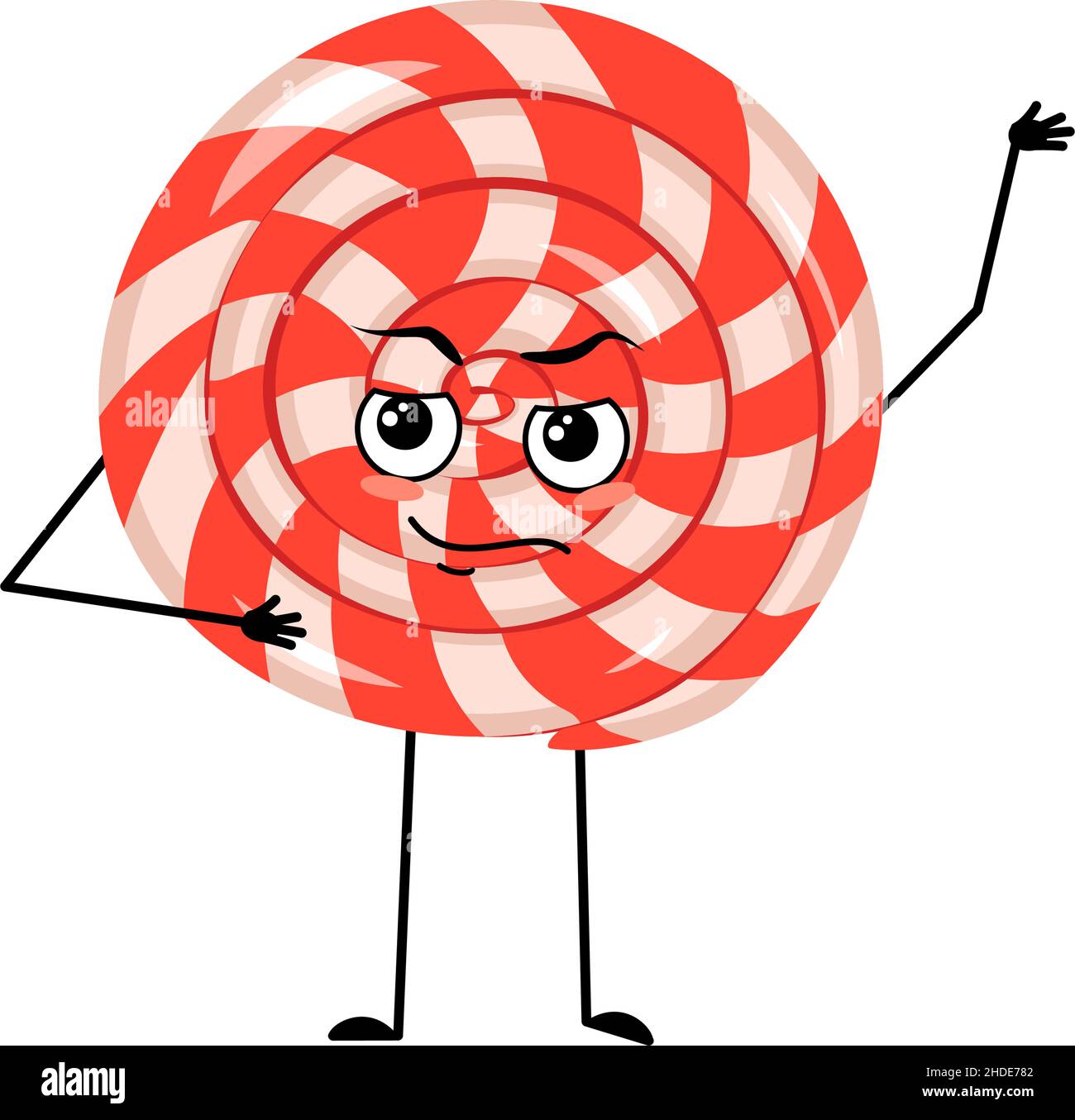 Simpatico personaggio lollipop con emozioni di eroe, volto coraggioso, braccia e gambe. Dolce caramella persona con espressione di coraggio Illustrazione Vettoriale