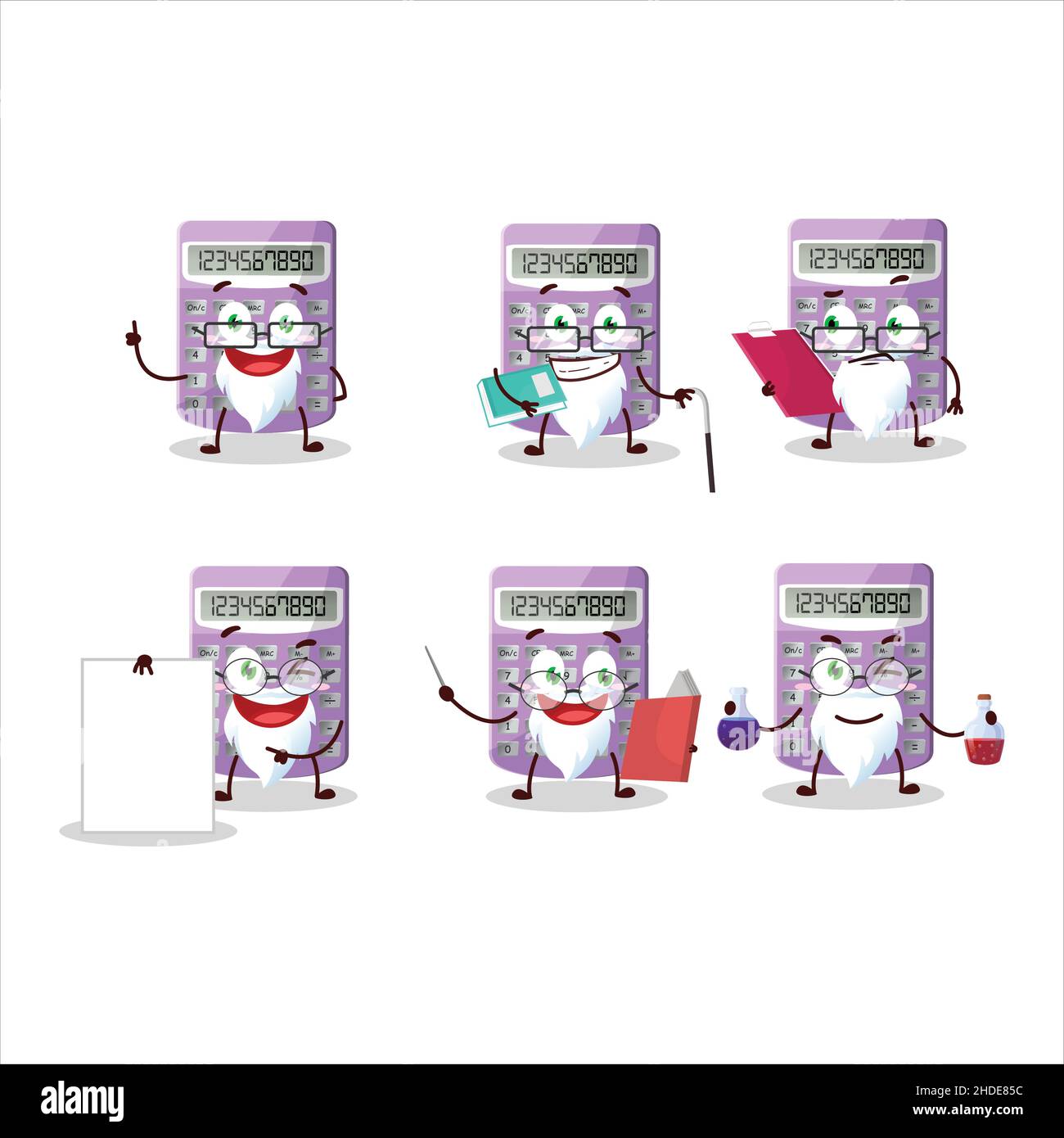 Professore viola calcolatrice personaggio cartoon accademico lavorando in laboratorio. Illustrazione vettoriale Illustrazione Vettoriale