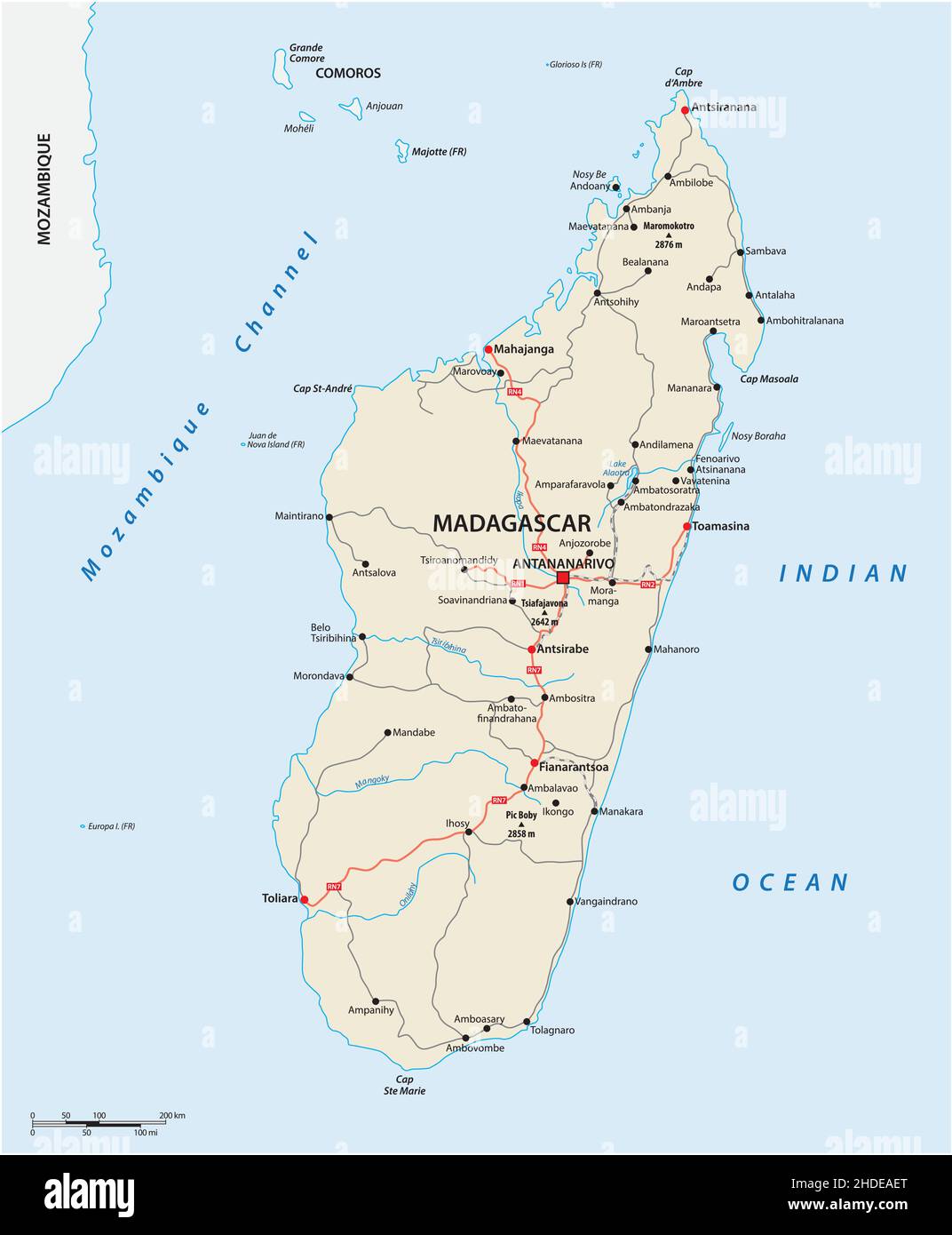 Mappa stradale della nazione africana dell'isola del Madagascar Illustrazione Vettoriale