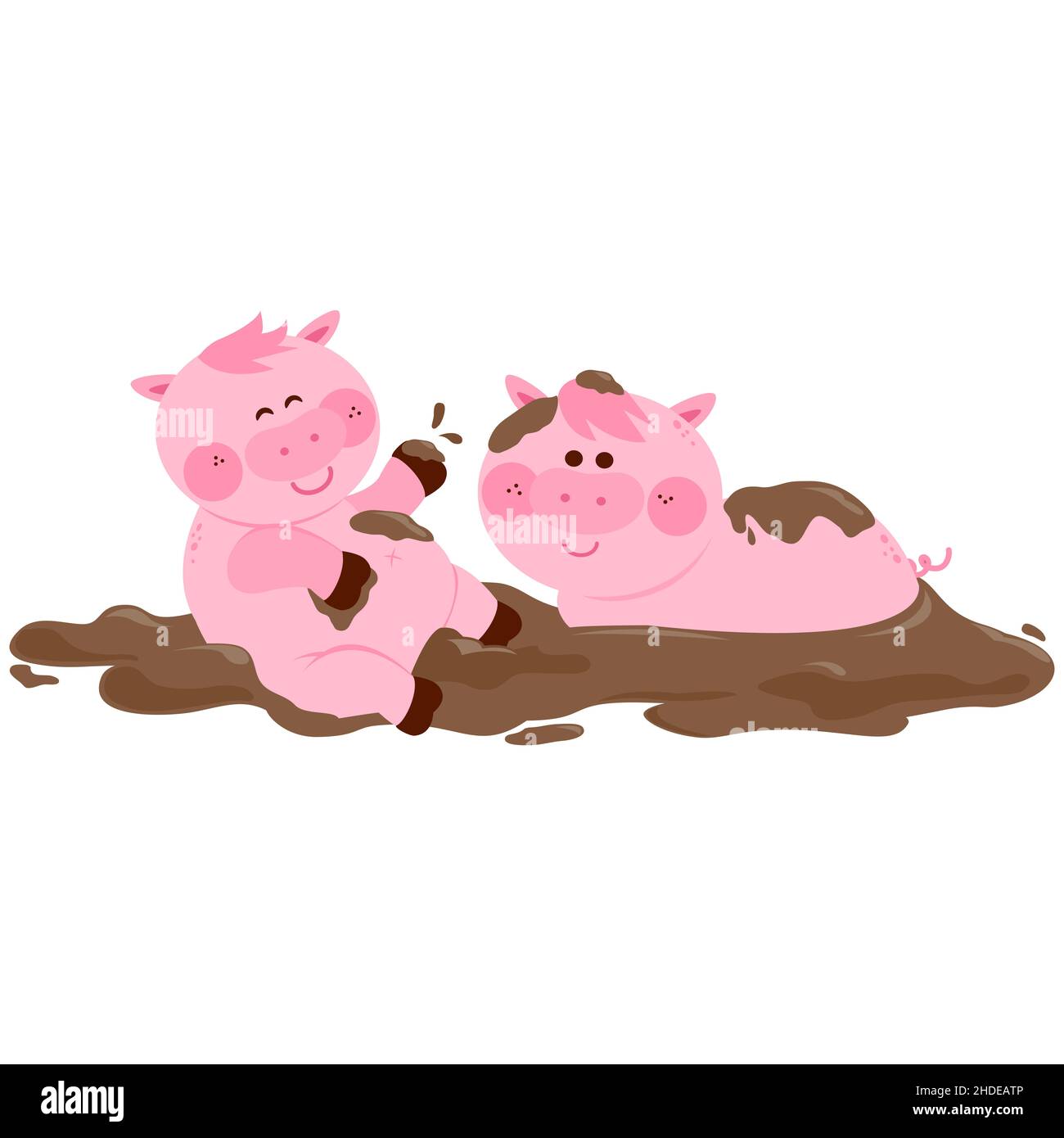 Simpatici animali da allevamento di maiali e suinetti nella fattoria del cortile che giocano nello sporco. Maiali che giocano in una puzza di fango alla fattoria. Foto Stock