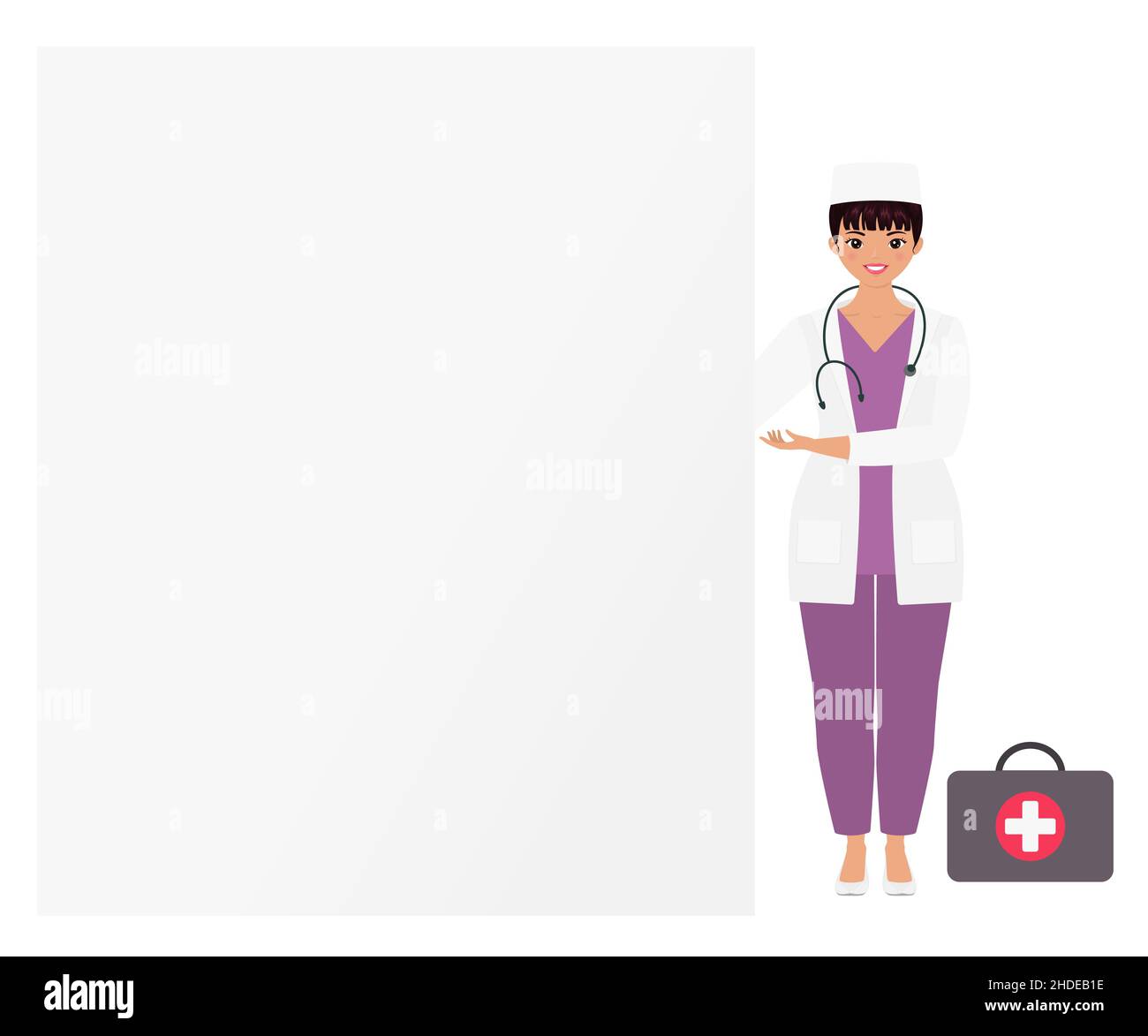 Donna asiatica carina in uniforme di medicina che punta a bordo vuoto. Spazio di copia. Stile cartoon flat. Illustrazione vettoriale Illustrazione Vettoriale