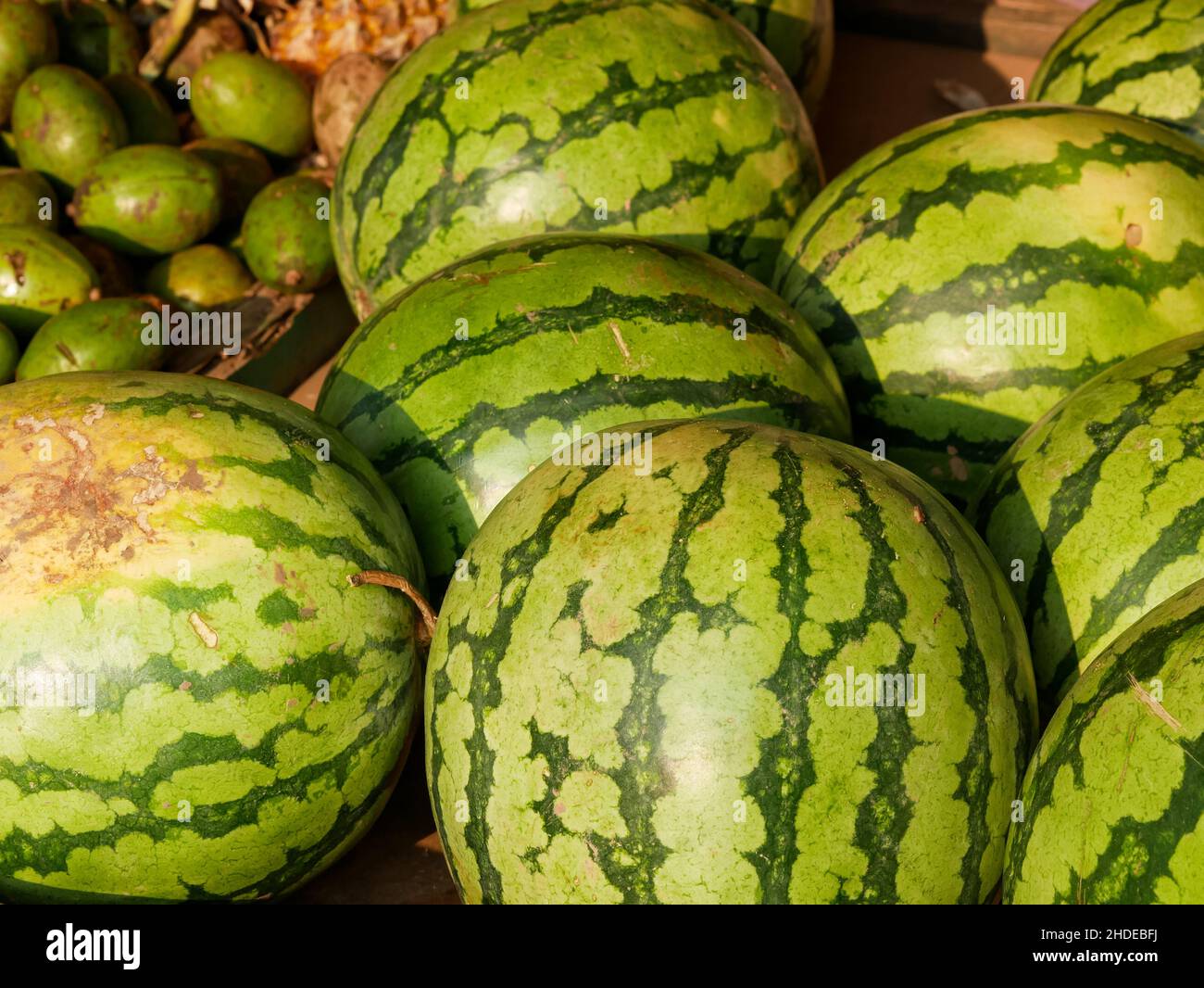 Cocomero in mostra per la vendita nel mercato locale indonesiano. Foto Stock