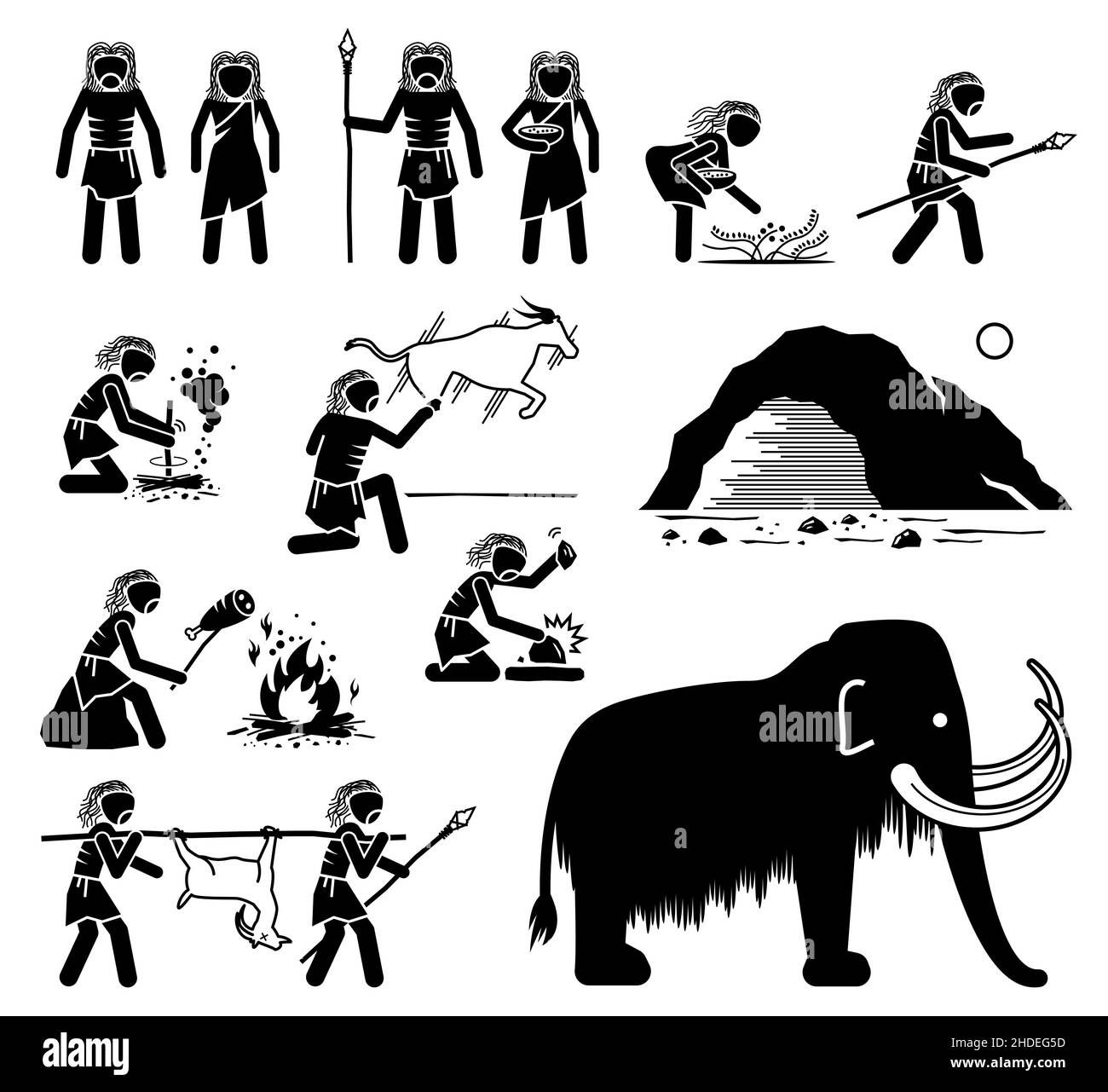 Preistoria Paleolitico preistorico Età della pietra Antica umana. Le illustrazioni vettoriali raffigurano i caveman primitivi dell'età della pietra antica dei paleoli Illustrazione Vettoriale