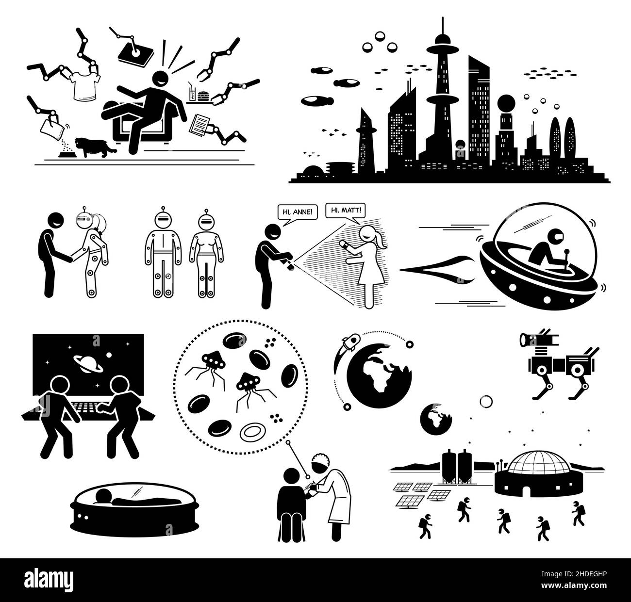 Futuristic World Science Fiction. Le illustrazioni vettoriali raffigurano tecnologie e scene umane nel lontano futuro. Illustrazione Vettoriale