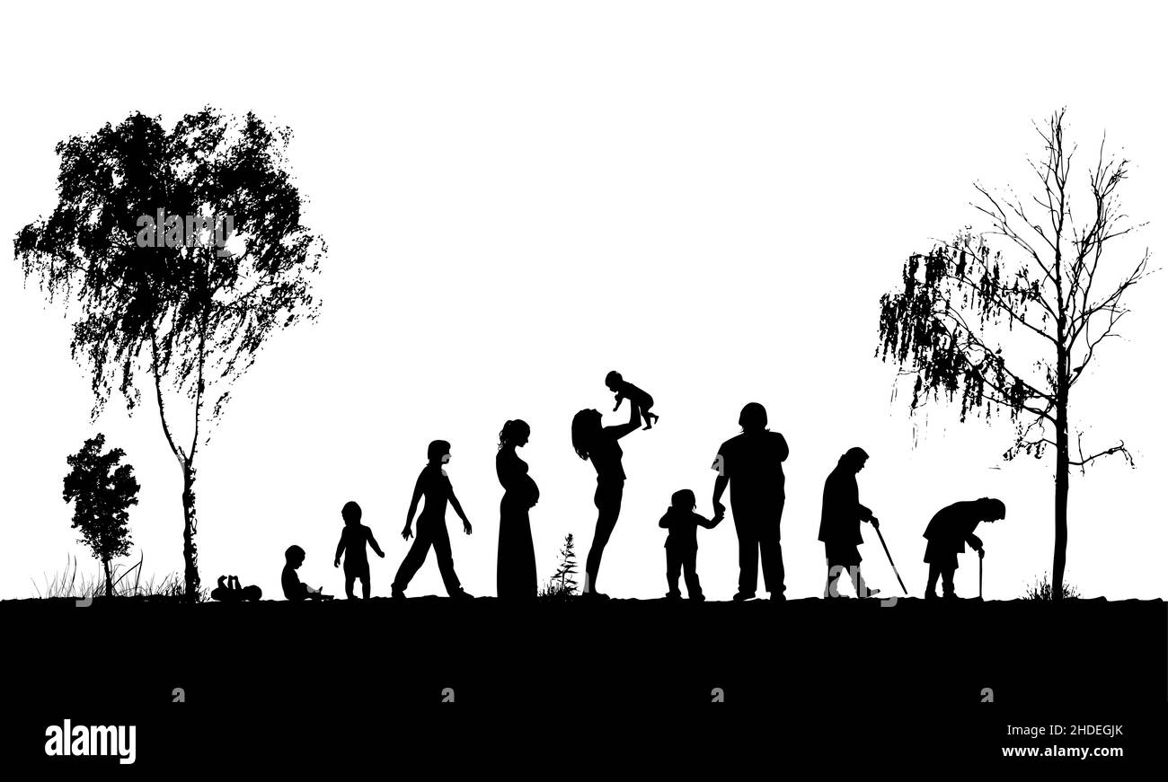 Silhouette di persone. Astrazione del ciclo di vita monocromatico femminile. Illustrazione vettoriale Illustrazione Vettoriale
