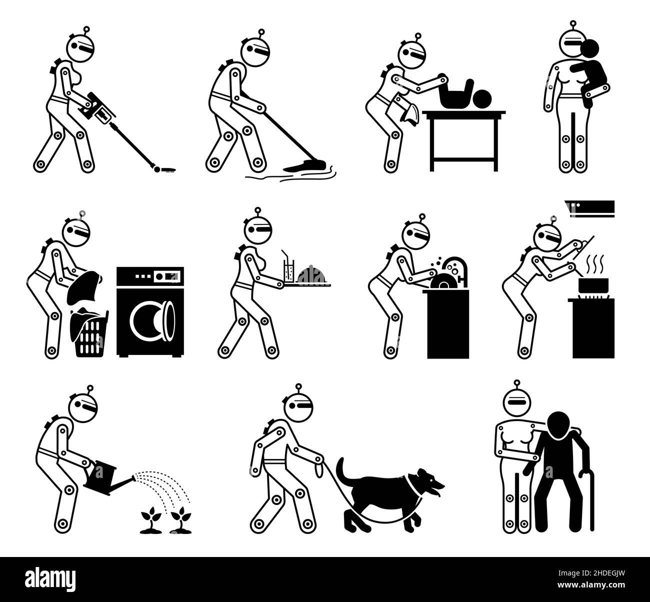 Robot humanoid robotica casa helper domestica lavoro domestico custode cyborg lavoro chores. Illustrazioni vettoriali di robot pulizia umana, babysit, cottura, wa Illustrazione Vettoriale