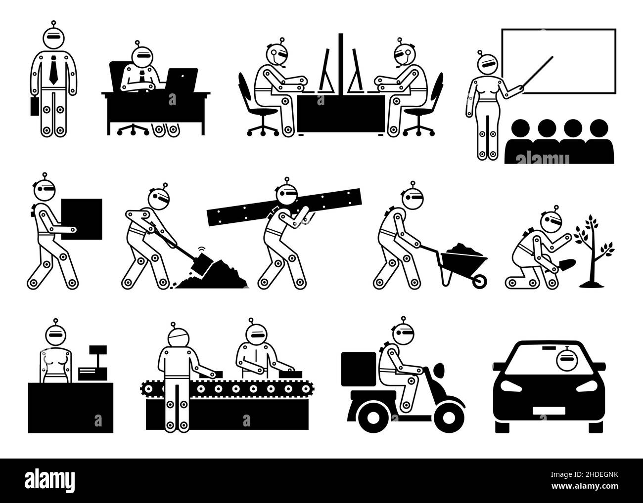 Robot umanoide industriale cyborg lavoratore che lavora in diversi settori. Illustrazioni vettoriali di robot businessman, insegnante, operaio industriale, cassa Illustrazione Vettoriale