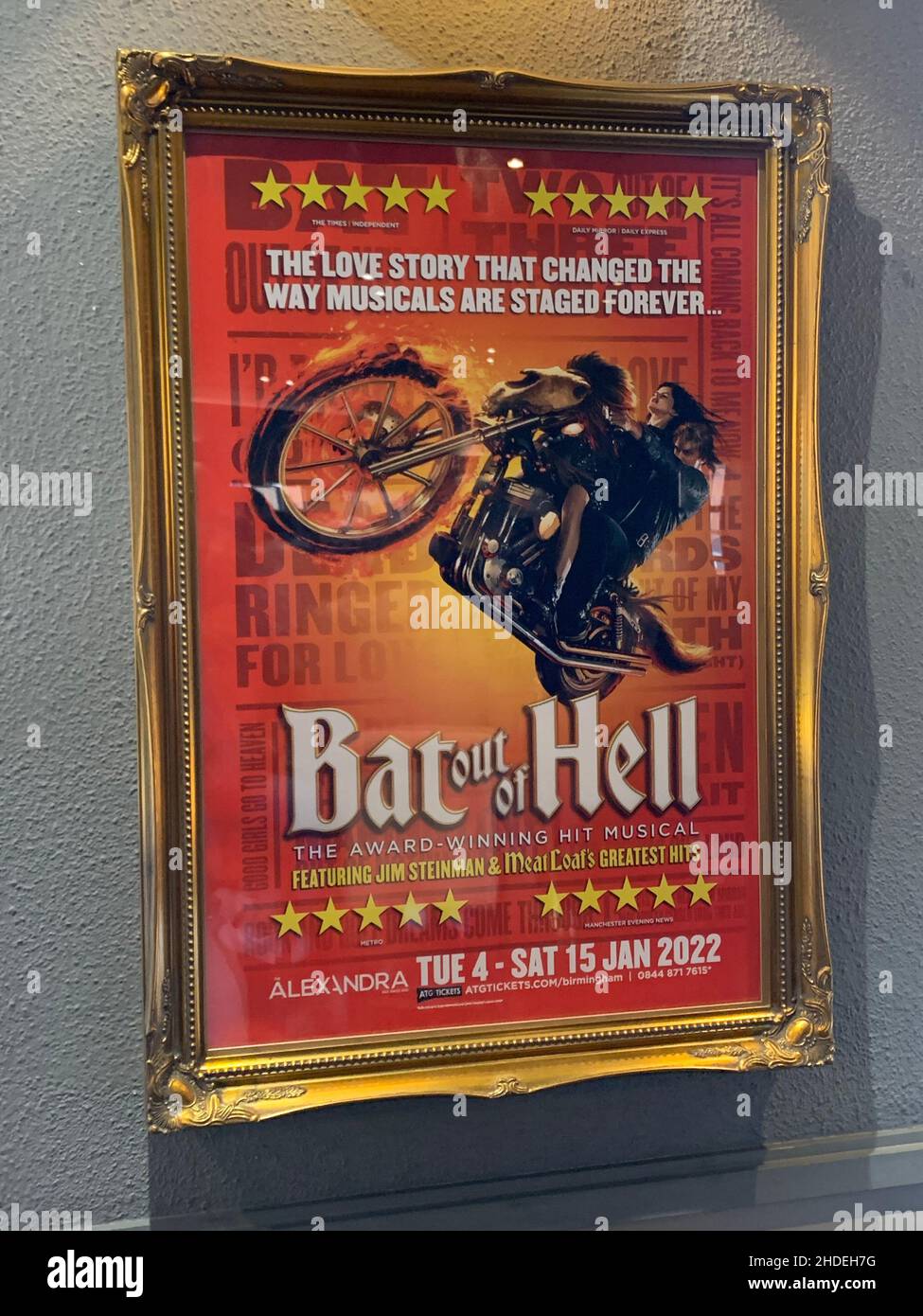 BAT out of Hell Birmingham UK Theatre cartello famoso moto Alexandra musica musicale Jim Steinman West End mostra Love story musical palcoscenico Foto Stock