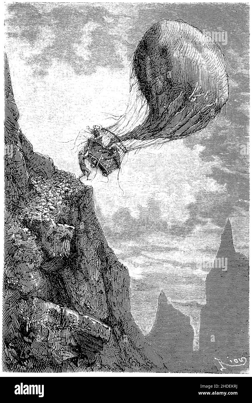 Illustrazione di Riou da cinque settimane in una mongolfiera, o, Un viaggio di scoperta da tre inglesi in Africa (in francese: Cinq semaines en ballon) è un romanzo di avventura di Jules Verne, pubblicato nel 1863. È il primo romanzo in cui perfezionò gli 'ingredienti' del suo lavoro successivo, mescolando abilmente una linea di storia piena di avventure e colpi di trama che mantengono l'interesse del lettore attraverso passaggi di descrizione tecnica, geografica e storica. Il libro dà ai lettori un'occhiata all'esplorazione dell'Africa, che ancora non era completamente conosciuta agli europei dell'epoca, con gli esploratori che viaggiano tutti Foto Stock Illustrazione di Riou da cinque settimane in una mongolfiera, o, Un viaggio di scoperta da tre inglesi in Africa (in francese: Cinq semaines en ballon) è un romanzo di avventura di Jules Verne, pubblicato nel 1863. È il primo romanzo in cui perfezionò gli 'ingredienti' del suo lavoro successivo, mescolando abilmente una linea di storia piena di avventure e colpi di trama che mantengono l'interesse del lettore attraverso passaggi di descrizione tecnica, geografica e storica. Il libro dà ai lettori un'occhiata all'esplorazione dell'Africa, che ancora non era completamente conosciuta agli europei dell'epoca, con gli esploratori che viaggiano tutti Foto Stock